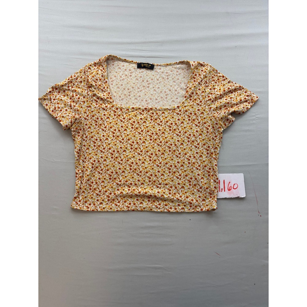 Queen Bees Ditsy Floral Square Neck Ribbed Crop Top Orange Yellow Short Sleeve